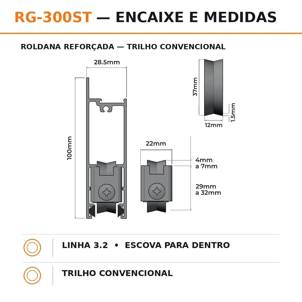 Roldana Inox Tripla Reforçada de Sobrepor 300 kg/folha - Trilho Convencional, Linha 3.2 - RG-300ST - Miniatura 2