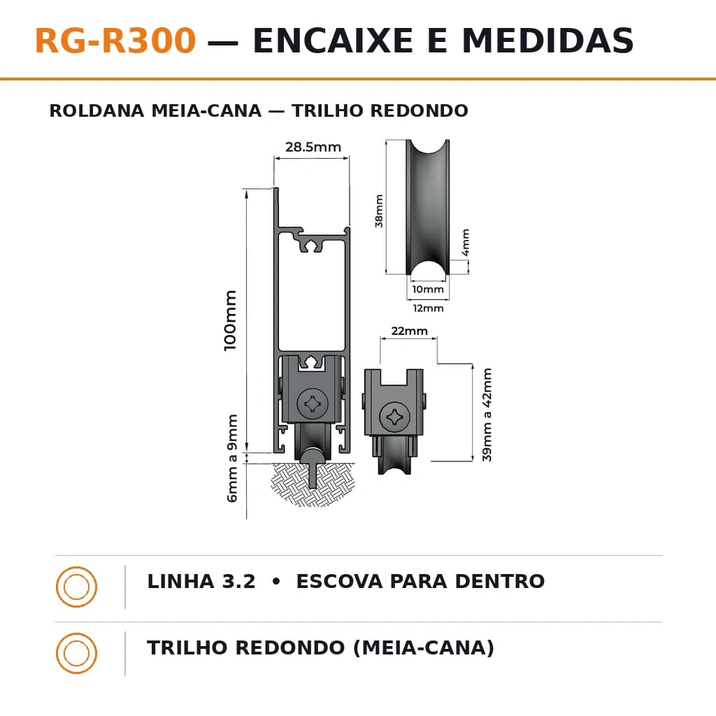 Roldana Inox Tripla Meia-Cana 300 kg/folha - Trilho Redondo, Linha 3.2 - Rolamento em Aço Cromo - RG-R300 - Miniatura 5