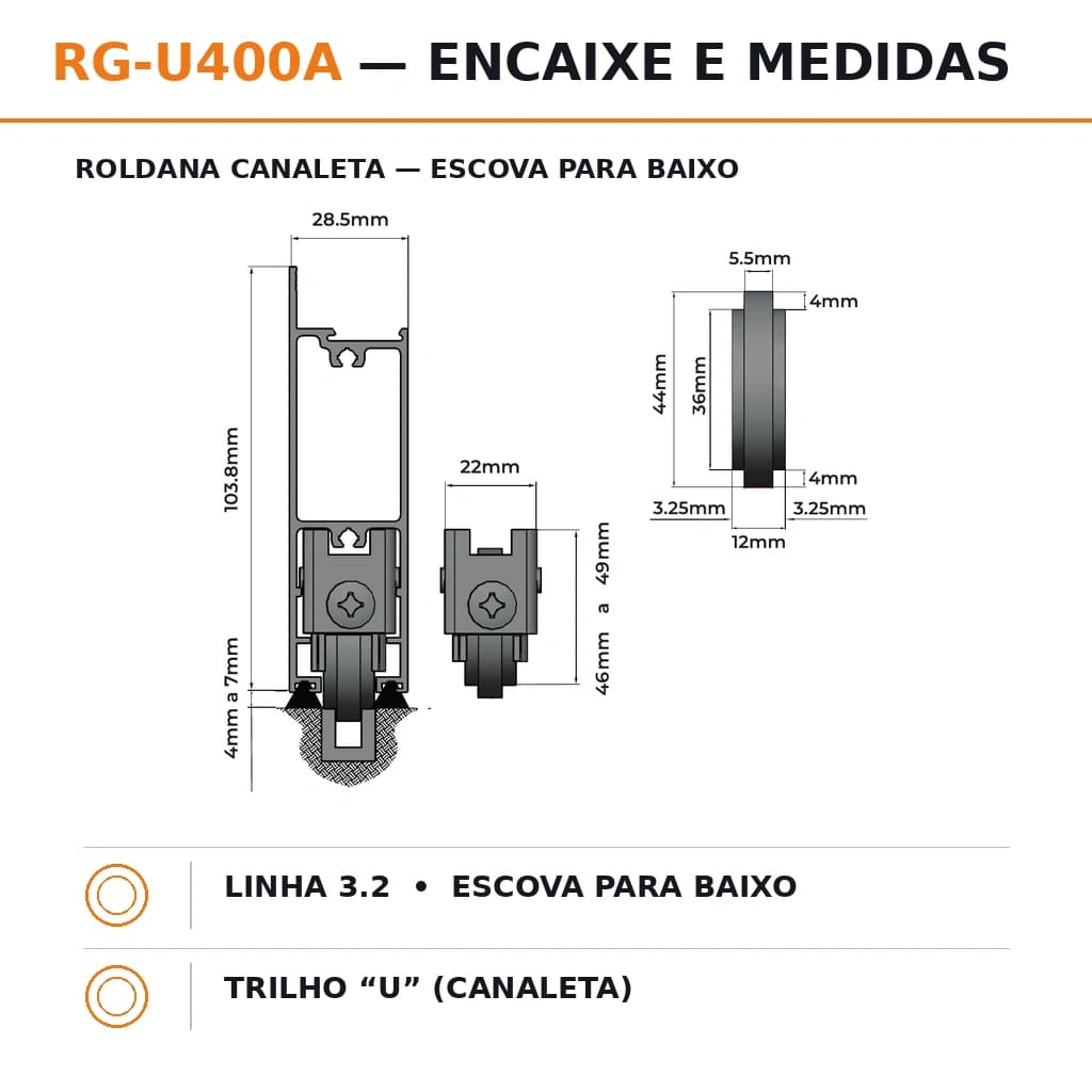 Roldana Inox Quádrupla Canaleta 400 kg/folha - Trilho Tipo U (Canaleta), Linha 3.2 - Rolamento em Aço Cromo - Escova para Baixo - RG-U400A - Miniatura 2